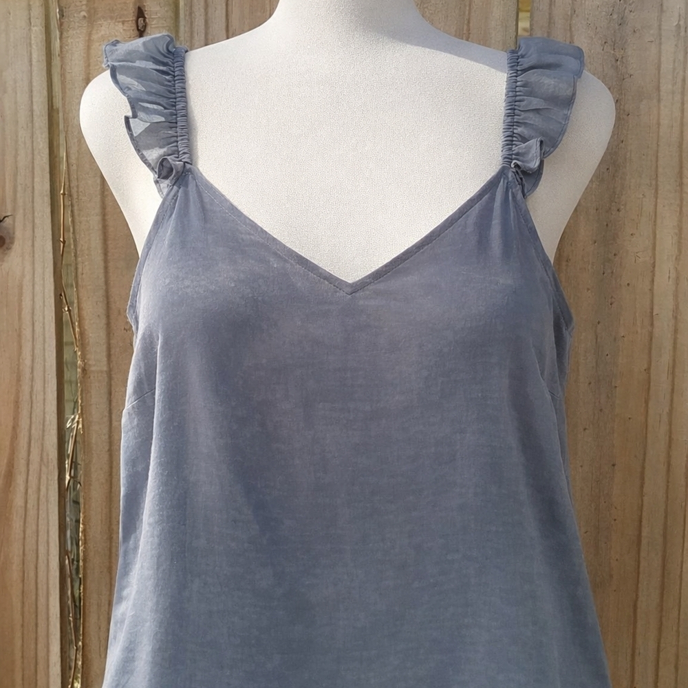 NWOT LC Dusty Blue Ruffle Flutter Sleeve Tank Blouse Scoop V Neck Cottagecore L